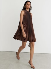 Reiss Mocha Brown Astrid Satin Pleated High-Neck Mini Dress - Image 1 of 8