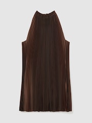 Reiss Mocha Brown Astrid Satin Pleated High-Neck Mini Dress - Image 2 of 8