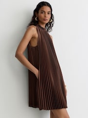 Reiss Mocha Brown Astrid Satin Pleated High-Neck Mini Dress - Image 3 of 8