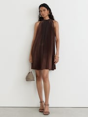 Reiss Mocha Brown Astrid Satin Pleated High-Neck Mini Dress - Image 4 of 8