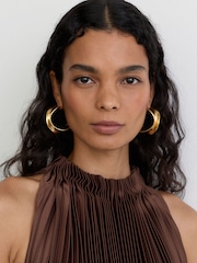 Reiss Mocha Brown Astrid Satin Pleated High-Neck Mini Dress - Image 5 of 8