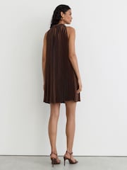Reiss Mocha Brown Astrid Satin Pleated High-Neck Mini Dress - Image 6 of 8