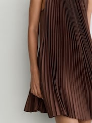 Reiss Mocha Brown Astrid Satin Pleated High-Neck Mini Dress - Image 7 of 8