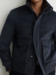 Reiss Airforce Blue Fasten Wool-Blend Faux Fur-Collar Quilted Jacket - Image 1 of 6