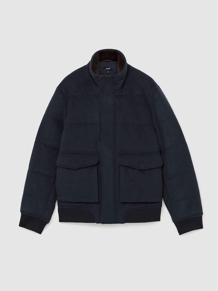 Reiss Airforce Blue Fasten Wool-Blend Faux Fur-Collar Quilted Jacket - Image 2 of 6 Reiss Airforce Blue Fasten Wool-Blend Faux Fur-Collar Quilted Jacket - Image 2 of 6