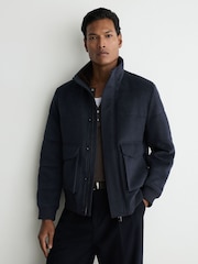 Reiss Airforce Blue Fasten Wool-Blend Faux Fur-Collar Quilted Jacket - Image 3 of 6