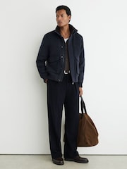 Reiss Airforce Blue Fasten Wool-Blend Faux Fur-Collar Quilted Jacket - Image 4 of 6