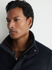 Reiss Airforce Blue Fasten Wool-Blend Faux Fur-Collar Quilted Jacket - Image 6 of 6