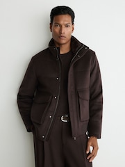 Reiss Dark Brown Fasten Wool-Blend Faux Fur-Collar Quilted Jacket - Image 1 of 7
