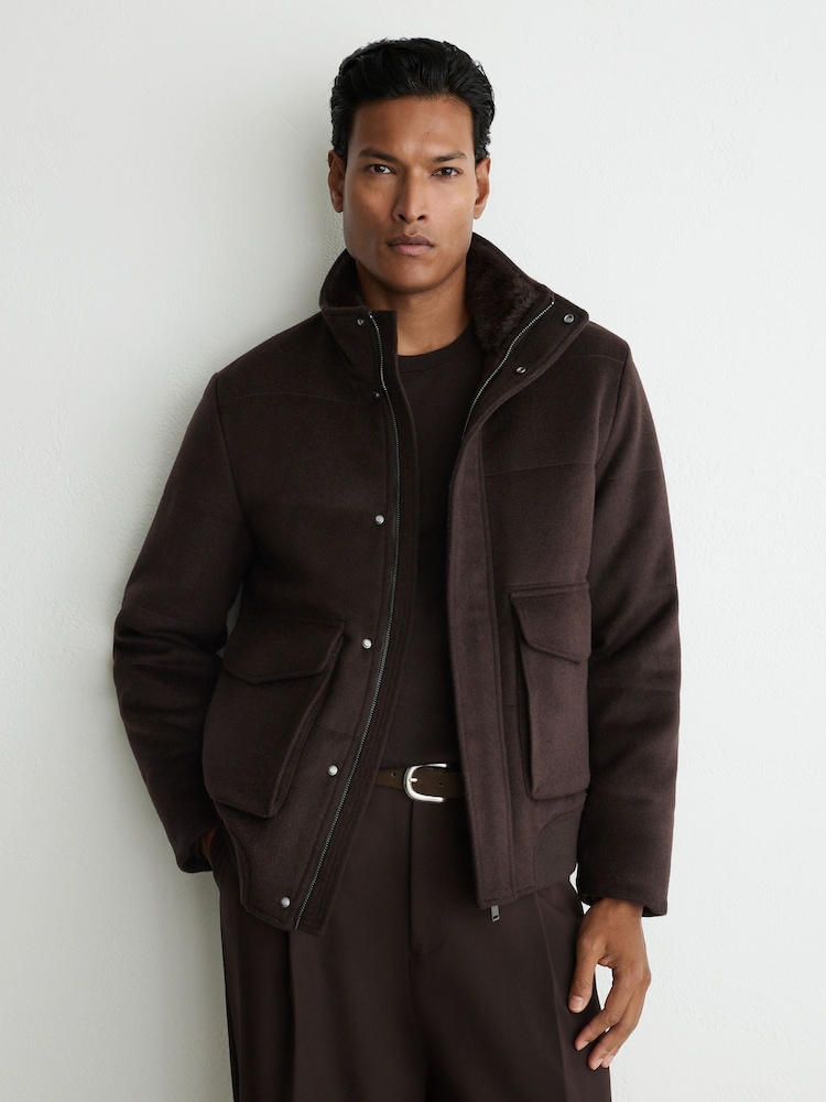 Reiss Dark Brown Fasten Wool-Blend Faux Fur-Collar Quilted Jacket - Image 1 of 7 Reiss Dark Brown Fasten Wool-Blend Faux Fur-Collar Quilted Jacket - Image 1 of 7