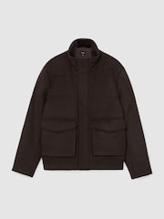 Reiss Dark Brown Fasten Wool-Blend Faux Fur-Collar Quilted Jacket - Image 2 of 7