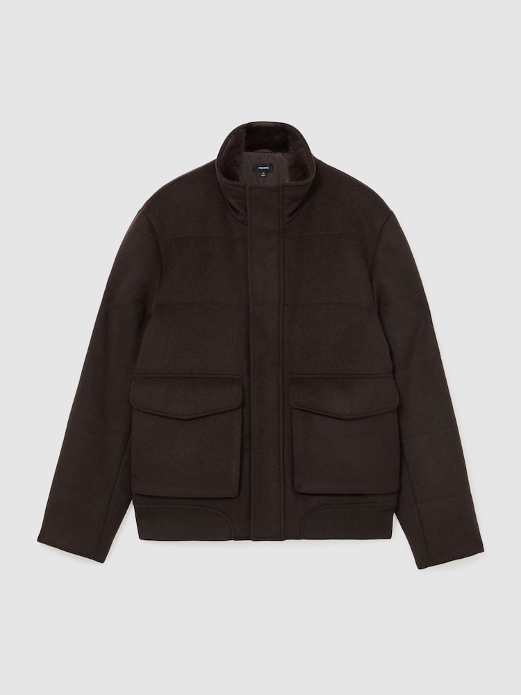 Reiss Dark Brown Fasten Wool-Blend Faux Fur-Collar Quilted Jacket - Image 2 of 7 Reiss Dark Brown Fasten Wool-Blend Faux Fur-Collar Quilted Jacket - Image 2 of 7