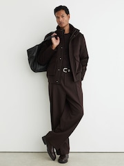 Reiss Dark Brown Fasten Wool-Blend Faux Fur-Collar Quilted Jacket - Image 3 of 7