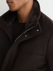 Reiss Dark Brown Fasten Wool-Blend Faux Fur-Collar Quilted Jacket - Image 6 of 7