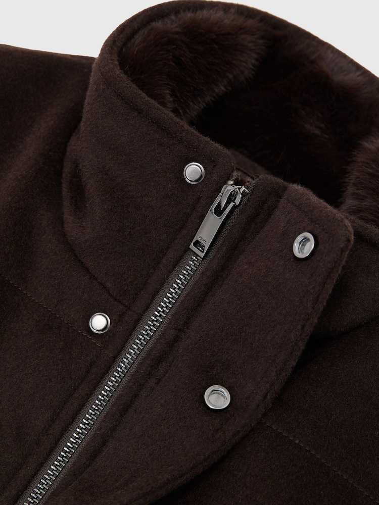 Reiss Dark Brown Fasten Wool-Blend Faux Fur-Collar Quilted Jacket - Image 7 of 7 Reiss Dark Brown Fasten Wool-Blend Faux Fur-Collar Quilted Jacket - Image 7 of 7
