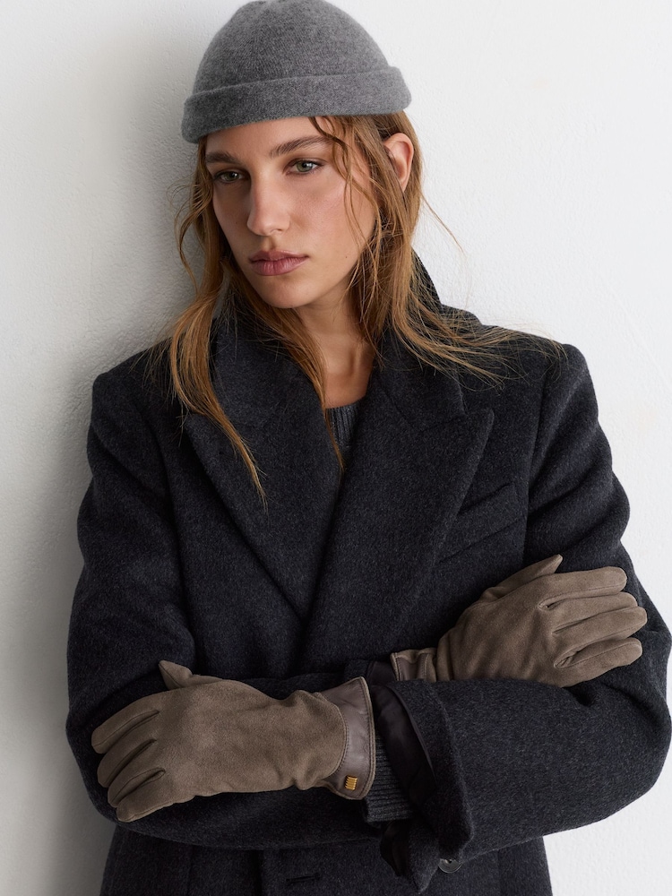Reiss Grey Claudia Suede Leather-Trim Gloves - Image 1 of 2 Reiss Grey Claudia Suede Leather-Trim Gloves - Image 1 of 2