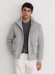 Reiss Soft Grey Herringbone Fasten Wool-Blend Faux Fur-Collar Quilted Jacket - Image 1 of 6