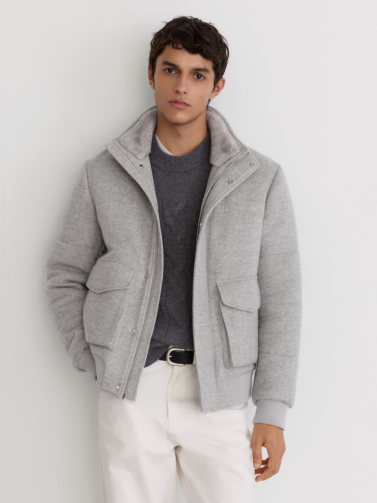 Reiss Soft Grey Herringbone Fasten Wool-Blend Faux Fur-Collar Quilted Jacket - Image 1 of 6 Reiss Soft Grey Herringbone Fasten Wool-Blend Faux Fur-Collar Quilted Jacket - Image 1 of 6