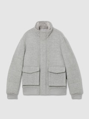 Reiss Soft Grey Herringbone Fasten Wool-Blend Faux Fur-Collar Quilted Jacket - Image 2 of 6