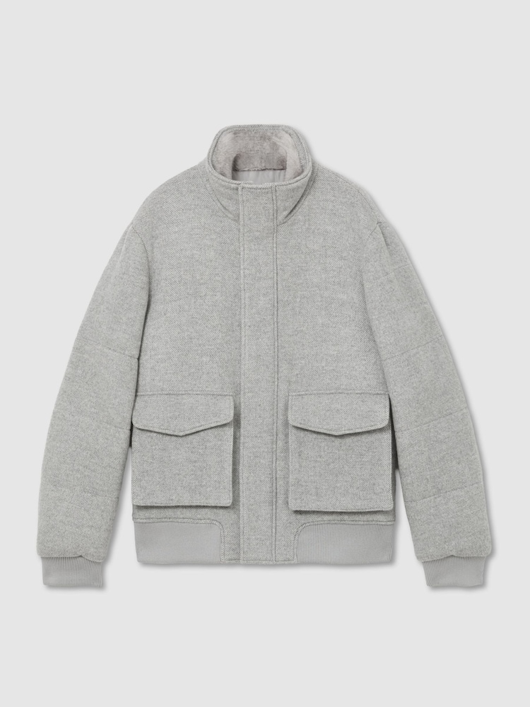 Reiss Soft Grey Herringbone Fasten Wool-Blend Faux Fur-Collar Quilted Jacket - Image 2 of 6 Reiss Soft Grey Herringbone Fasten Wool-Blend Faux Fur-Collar Quilted Jacket - Image 2 of 6