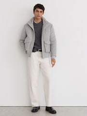 Reiss Soft Grey Herringbone Fasten Wool-Blend Faux Fur-Collar Quilted Jacket - Image 3 of 6