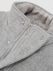 Reiss Soft Grey Herringbone Fasten Wool-Blend Faux Fur-Collar Quilted Jacket - Image 6 of 6