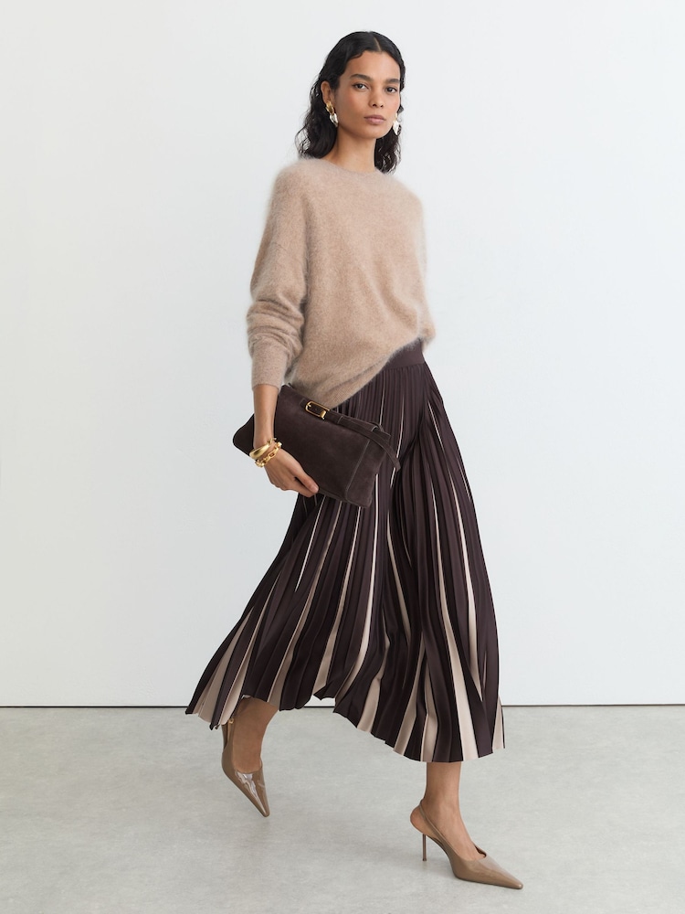Grape Burgundy/Neutral - Reiss Serena Kontrast Falten Midi Rock - Bild 1 von 7