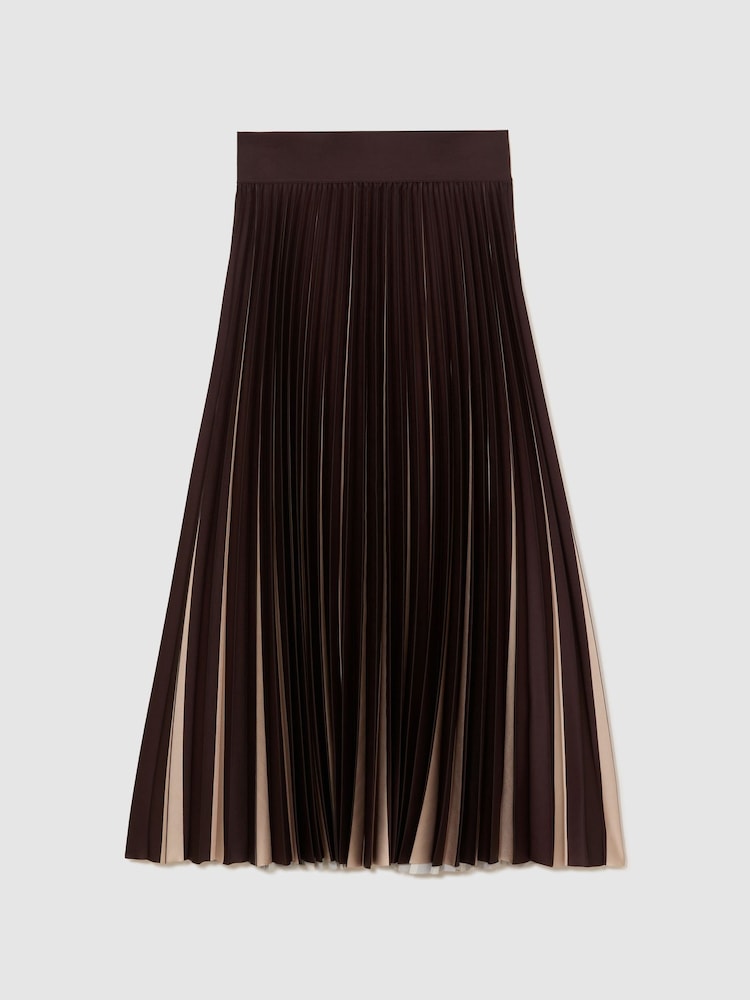 Grape Burgundy/Neutral - Reiss Serena Kontrast Falten Midi Rock - Bild 2 von 7