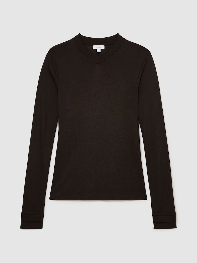 Reiss Chocolate Brown Brody High V-Neck Long-Sleeve Top - Image 2 of 6 Reiss Chocolate Brown Brody High V-Neck Long-Sleeve Top - Image 2 of 6
