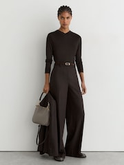 Reiss Chocolate Brown Brody High V-Neck Long-Sleeve Top - Image 3 of 6
