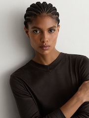 Reiss Chocolate Brown Brody High V-Neck Long-Sleeve Top - Image 4 of 6