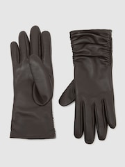 Reiss Chocolate Ginny Leather Ruched Gloves - Image 1 of 3