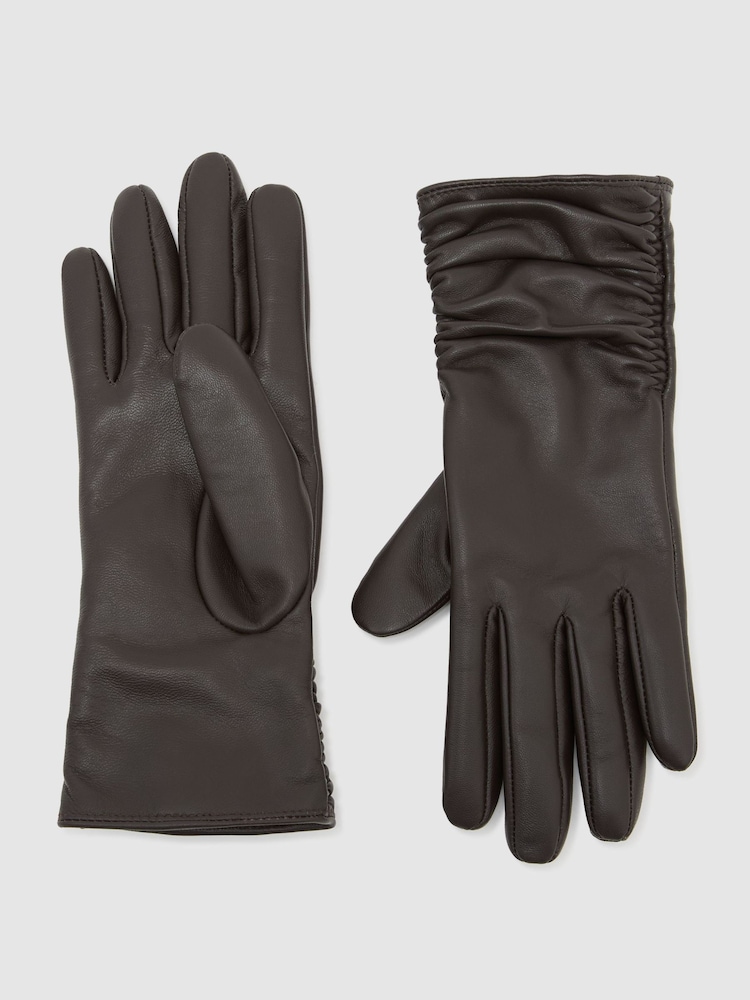Reiss Chocolate Ginny Leather Ruched Gloves - Image 1 of 3 Reiss Chocolate Ginny Leather Ruched Gloves - Image 1 of 3