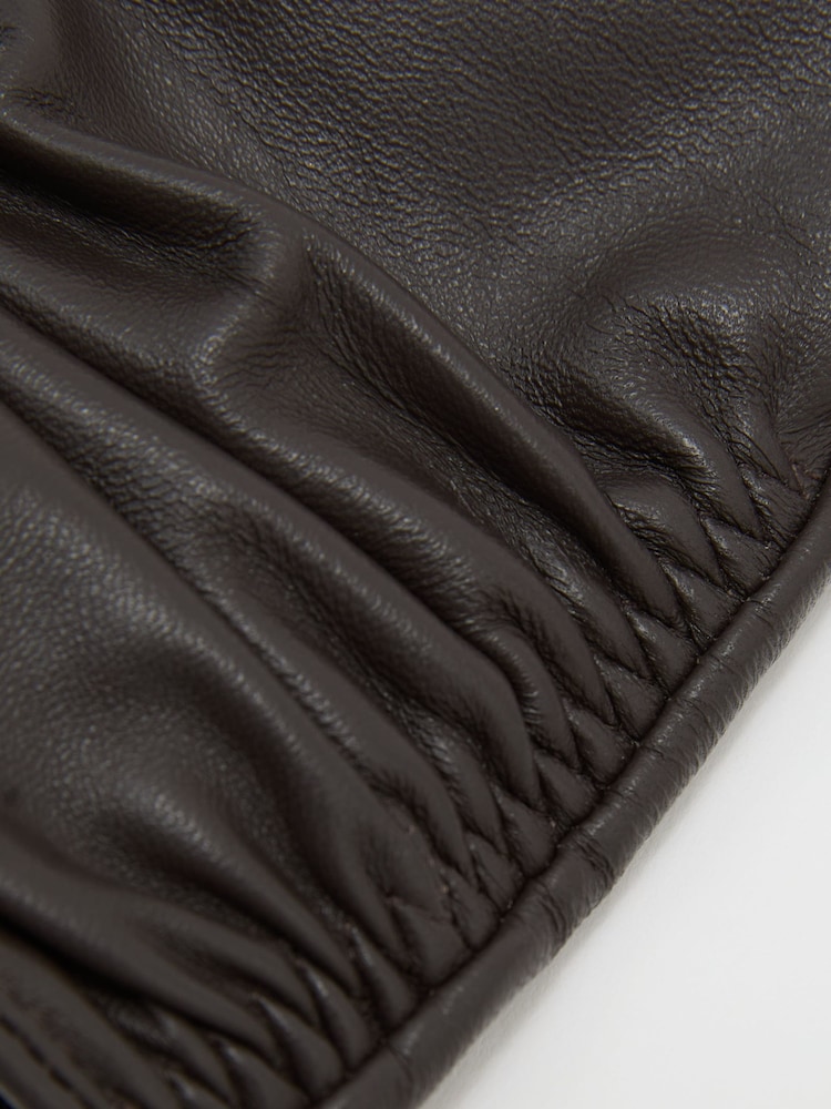 Reiss Chocolate Ginny Leather Ruched Gloves - Image 3 of 3 Reiss Chocolate Ginny Leather Ruched Gloves - Image 3 of 3
