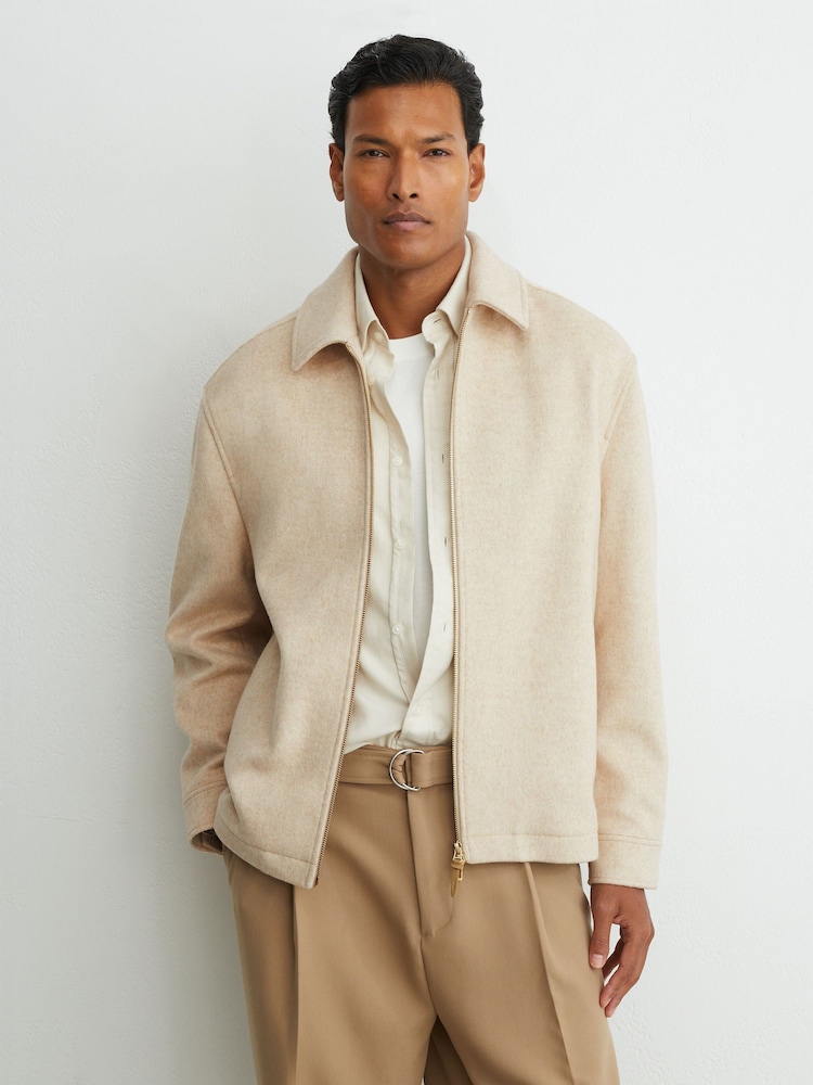 Reiss Oatmeal Foley Brushed Wool-Blend Zip-Through Overshirt - Image 1 of 8 Reiss Oatmeal Foley Brushed Wool-Blend Zip-Through Overshirt - Image 1 of 8