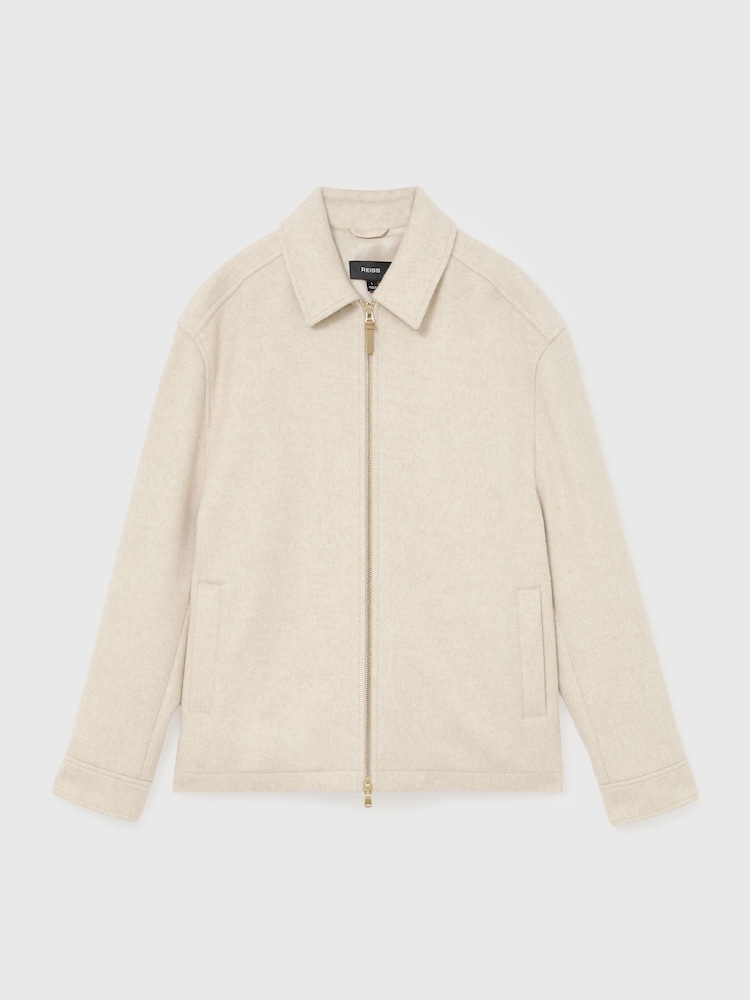 Reiss Oatmeal Foley Brushed Wool-Blend Zip-Through Overshirt - Image 2 of 8 Reiss Oatmeal Foley Brushed Wool-Blend Zip-Through Overshirt - Image 2 of 8