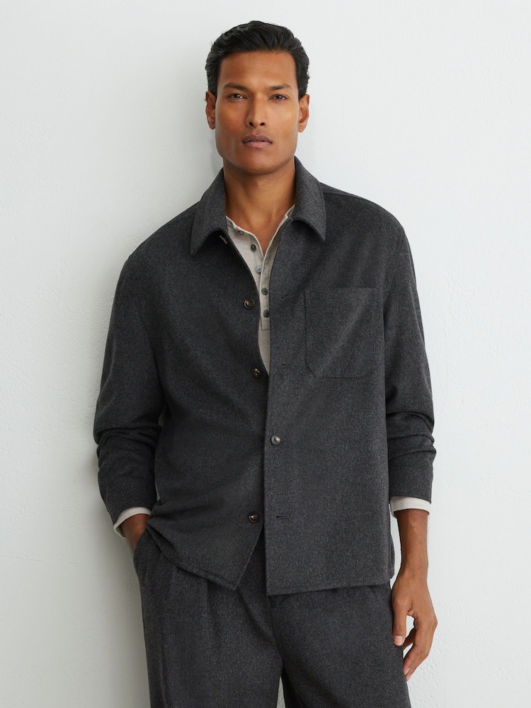 Reiss Charcoal Grey Collin Brushed Wool-Blend Patch-Pocket Overshirt - Image 1 of 8 Reiss Charcoal Grey Collin Brushed Wool-Blend Patch-Pocket Overshirt - Image 1 of 8