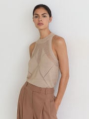 Reiss Neutral Maya Cotton-Blend Argyle Open-Knit Vest - Image 1 of 7