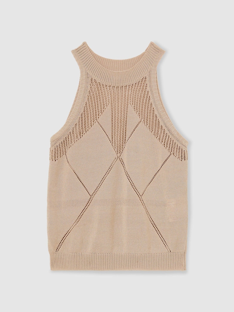 Reiss Neutral Maya Cotton-Blend Argyle Open-Knit Vest - Image 2 of 7
