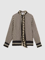 Reiss Navy/Gold Carmine Scarf-Print Tie-Neck Shirt - Image 2 of 9