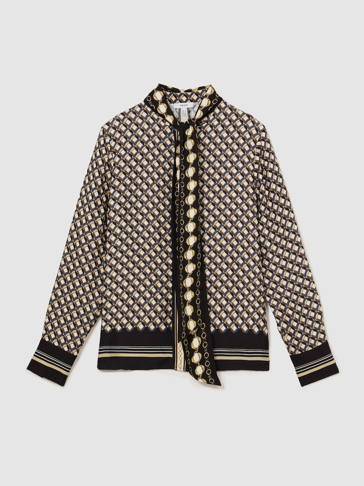 Reiss Navy/Gold Carmine Scarf-Print Tie-Neck Shirt - Image 2 of 9