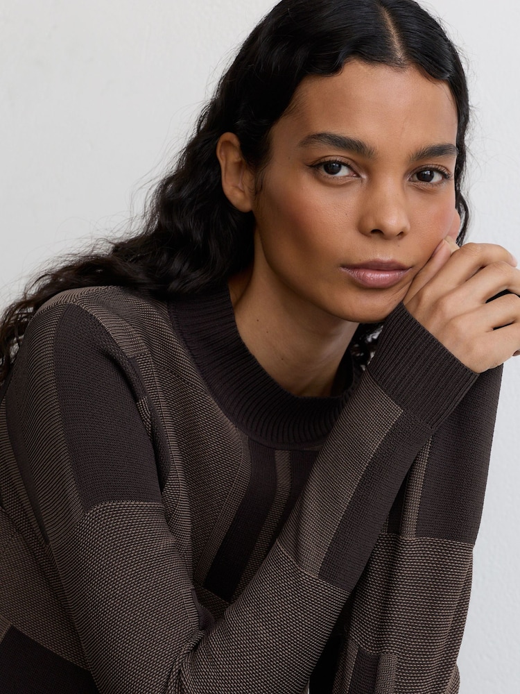 Reiss Chocolate Brown Faro Jacquard-Knit Mock-Neck Jumper - Image 1 of 6 Reiss Chocolate Brown Faro Jacquard-Knit Mock-Neck Jumper - Image 1 of 6