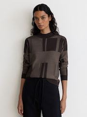 Reiss Chocolate Brown Faro Jacquard-Knit Mock-Neck Jumper - Image 4 of 6