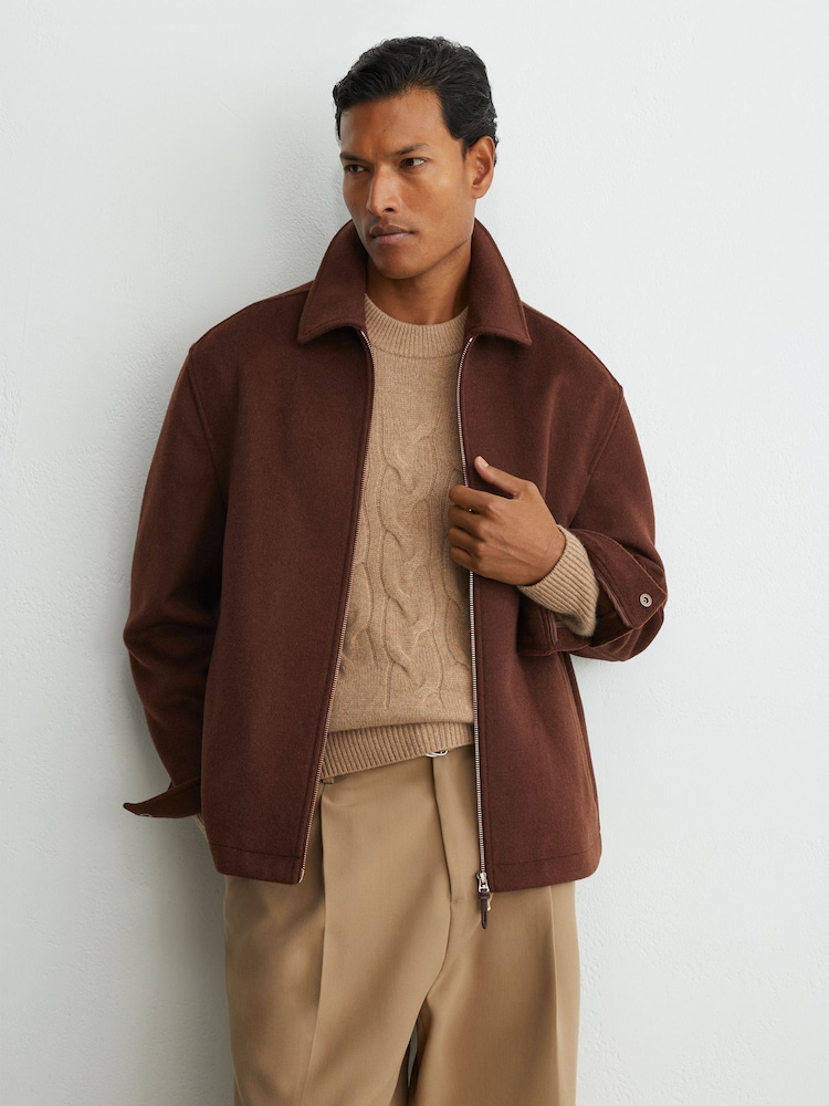 Reiss Rust Red Foley Brushed Wool-Blend Zip-Through Overshirt - Image 1 of 8 Reiss Rust Red Foley Brushed Wool-Blend Zip-Through Overshirt - Image 1 of 8