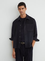 Reiss Navy Collin Brushed Wool-Blend Patch-Pocket Overshirt - Image 1 of 7