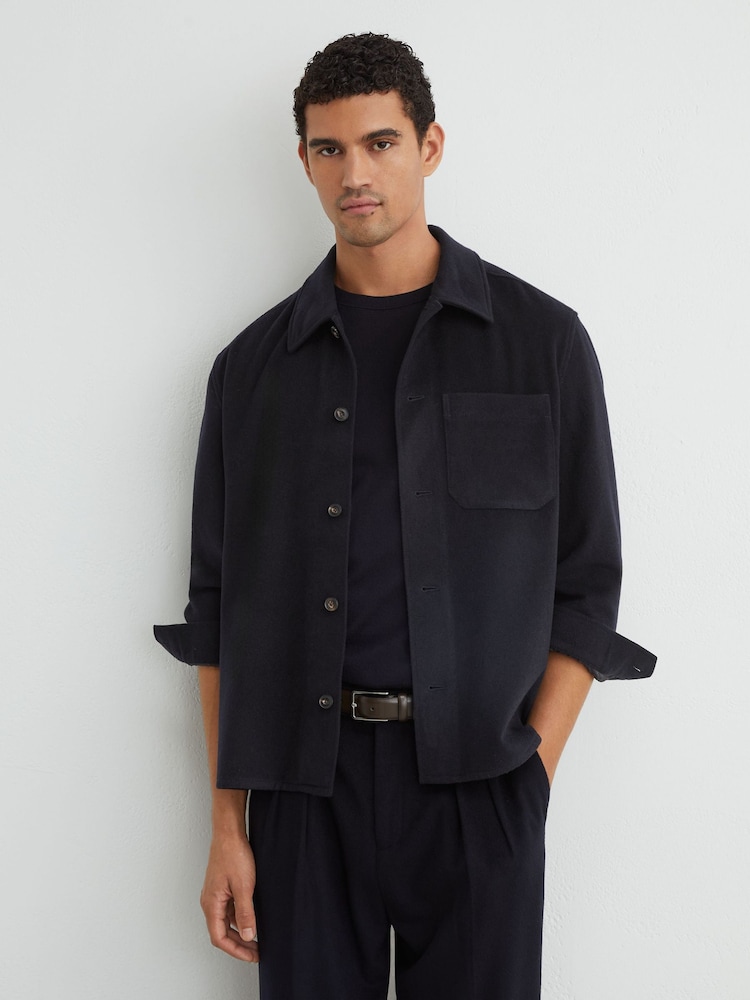 Reiss Navy Collin Brushed Wool-Blend Patch-Pocket Overshirt - Image 1 of 7 Reiss Navy Collin Brushed Wool-Blend Patch-Pocket Overshirt - Image 1 of 7