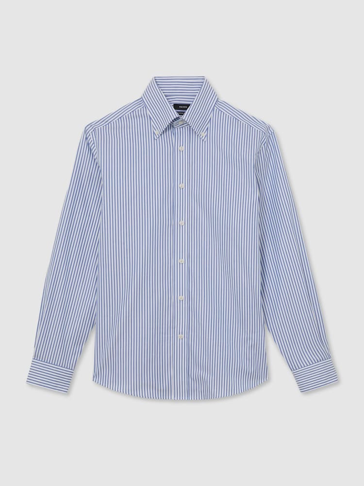 Reiss White/Blue Stripe Dart Cotton Striped Button-Down Shirt Regular-Fit - Image 2 of 7 Reiss White/Blue Stripe Dart Cotton Striped Button-Down Shirt Regular-Fit - Image 2 of 7