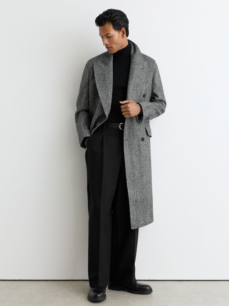 Reiss Black Ives Wool Herringbone Double-Breasted Overcoat - Image 1 of 8 Reiss Black Ives Wool Herringbone Double-Breasted Overcoat - Image 1 of 8