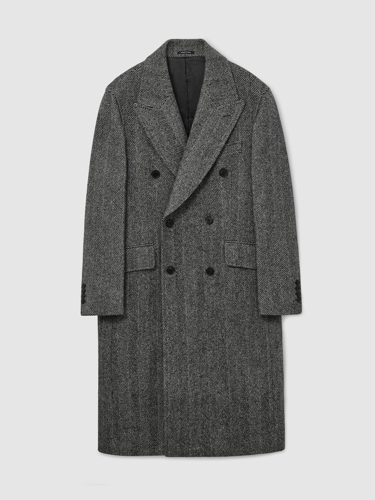 Reiss Black Ives Wool Herringbone Double-Breasted Overcoat - Image 2 of 8 Reiss Black Ives Wool Herringbone Double-Breasted Overcoat - Image 2 of 8