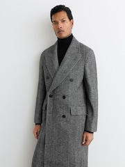 Reiss Black Ives Wool Herringbone Double-Breasted Overcoat - Image 4 of 8